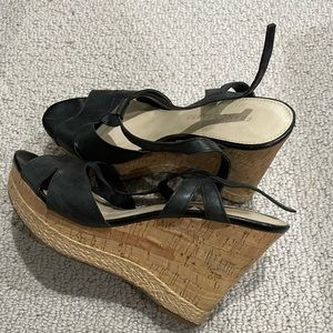 Franco Sarto Cork Wedge Black Leather Strappy Sandals. Size 8 (I think)